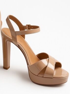 CARRANO Patent Leather Nude Tan Cross Cross Open Toe Ankle Strap 5” HeelsSize 10